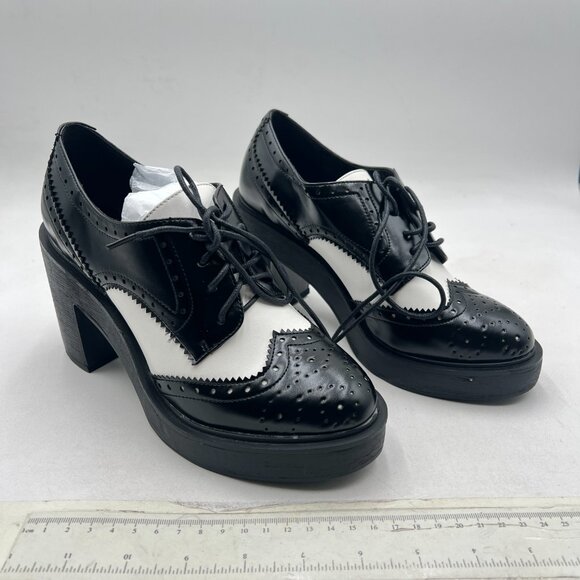 FSJ Black/White Closed Toe Platform Pumps Lace Up Vintage Chunky High Heel Shoes - Picture 3 of 7